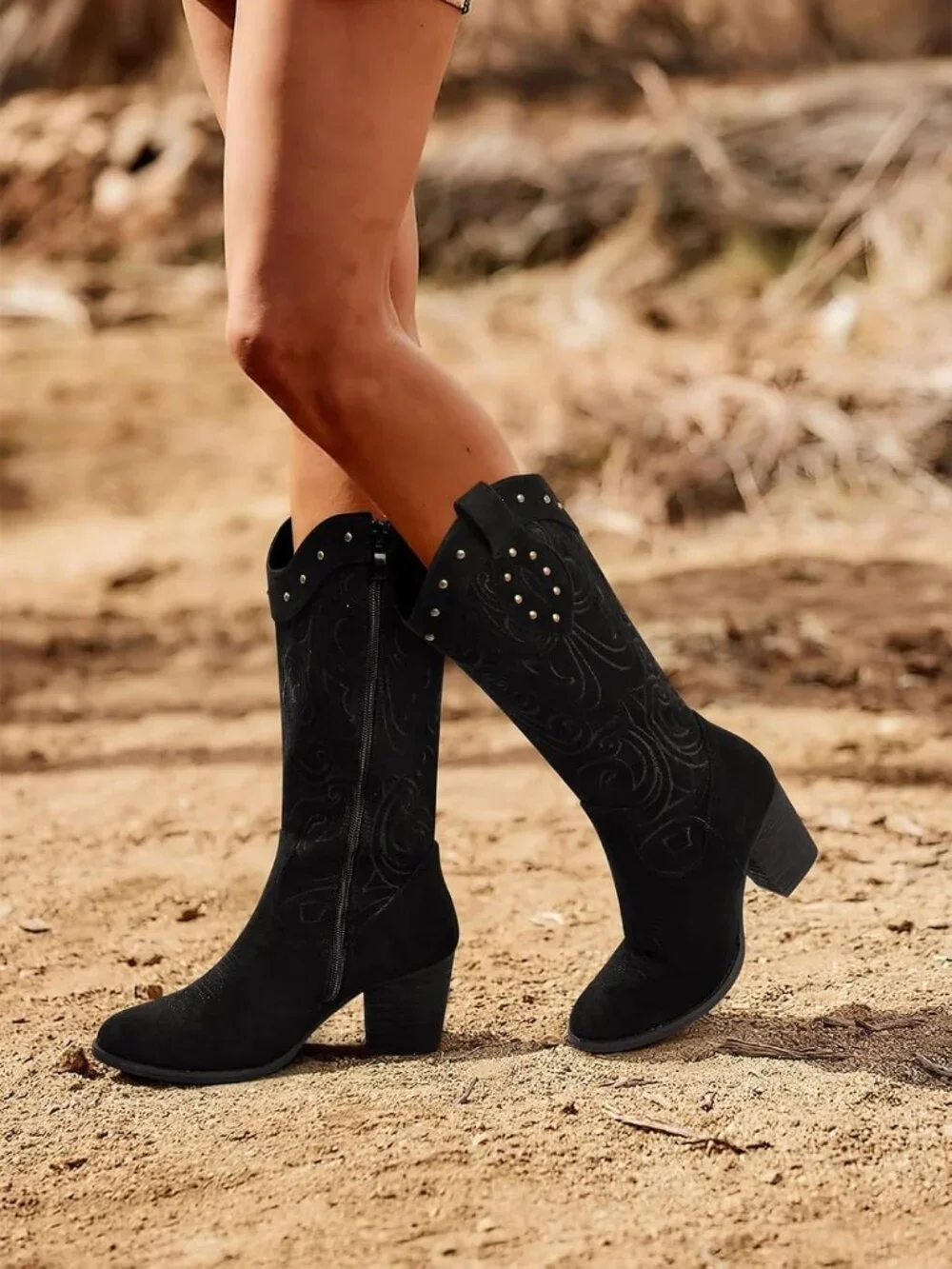 Women Black Western Pointed Toe Chunky Heel Embroidered Mid Calf Cowgirl Boot